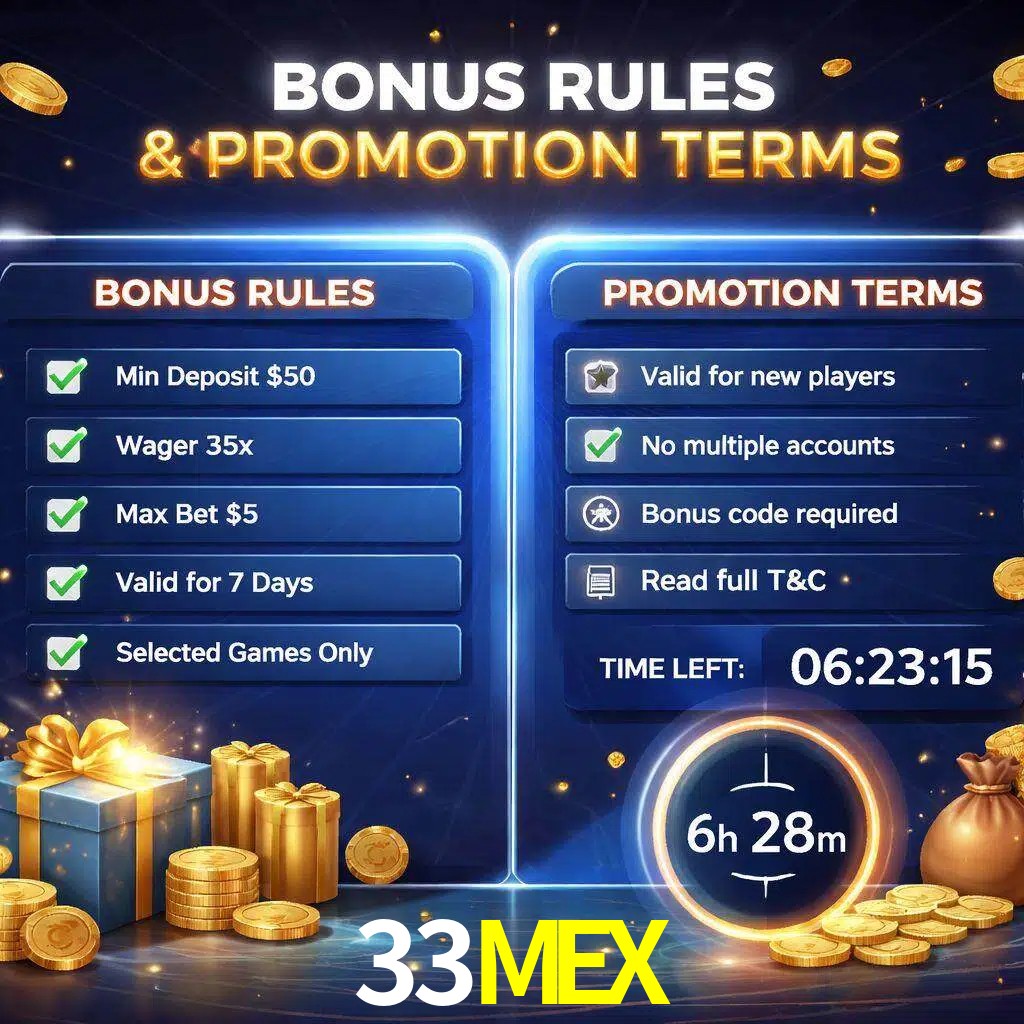 Reglas de promoción 33MEX y condiciones de bonos explicadas visualmente