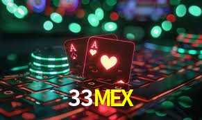 Escena dinámica inspirada en casino con iluminación 33MEX, cartas, fichas e íconos de juegos digitales en un espacio moderno de juegos.