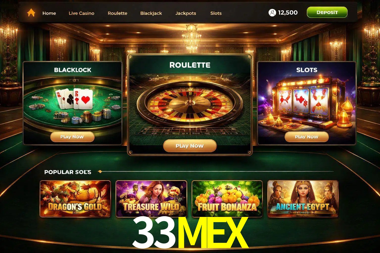 Vista de la plataforma 33MEX Casino mostrando categorías organizadas de juegos en línea