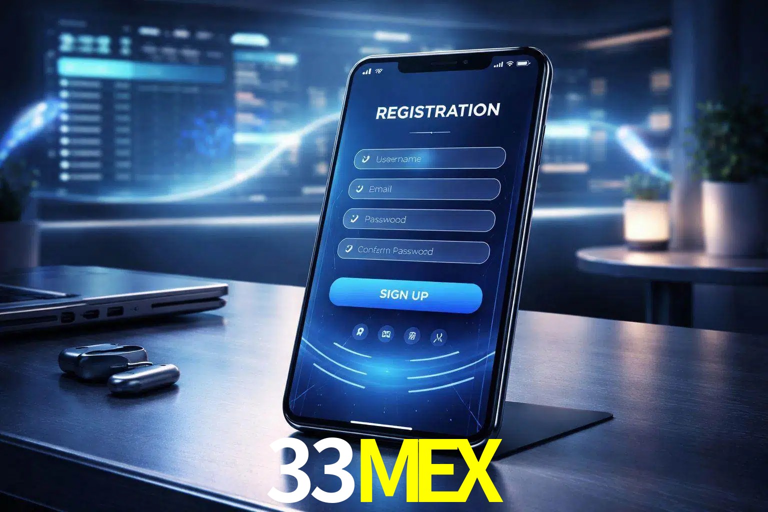 Una interfaz moderna de registro móvil para 33MEX mostrada en un smartphone con un panel de apuestas elegante.